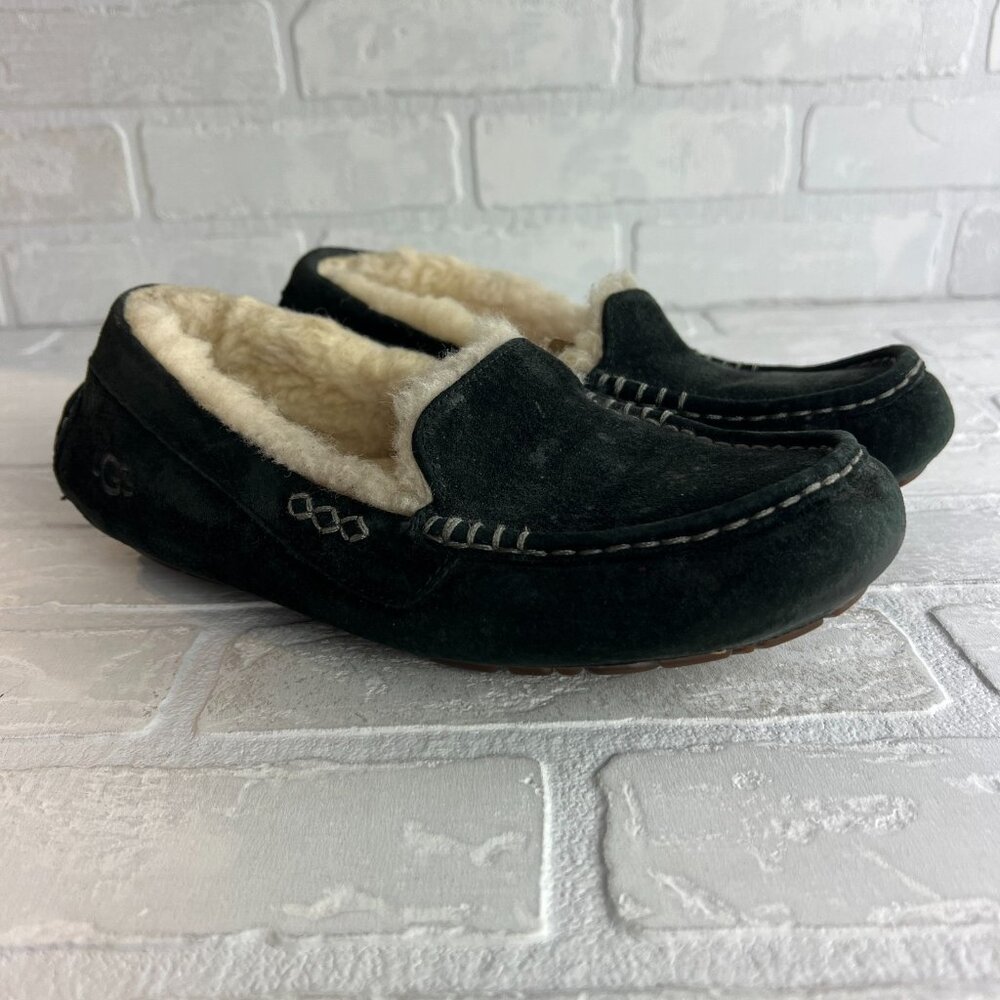 UGG Ansley Moc Slippers Womens 9 Black Suede Sheepskin Slip On Cozy Loafer